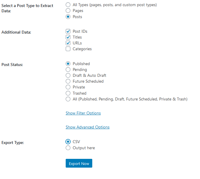 プラグイン「Export All URLs」の設定画面